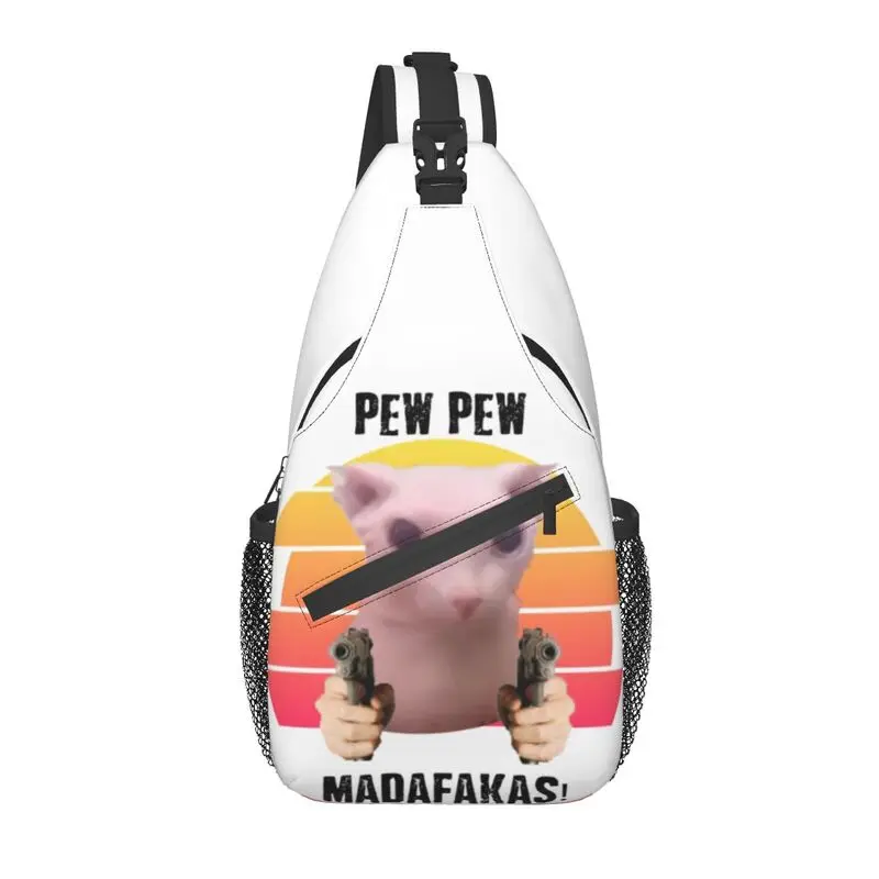 Pew Pew Madafakas Bingus Meme Sling Bags for Men Hairless Sphynx Cat Shoulder Crossbody Chest Backpack Travel Hiking Daypack