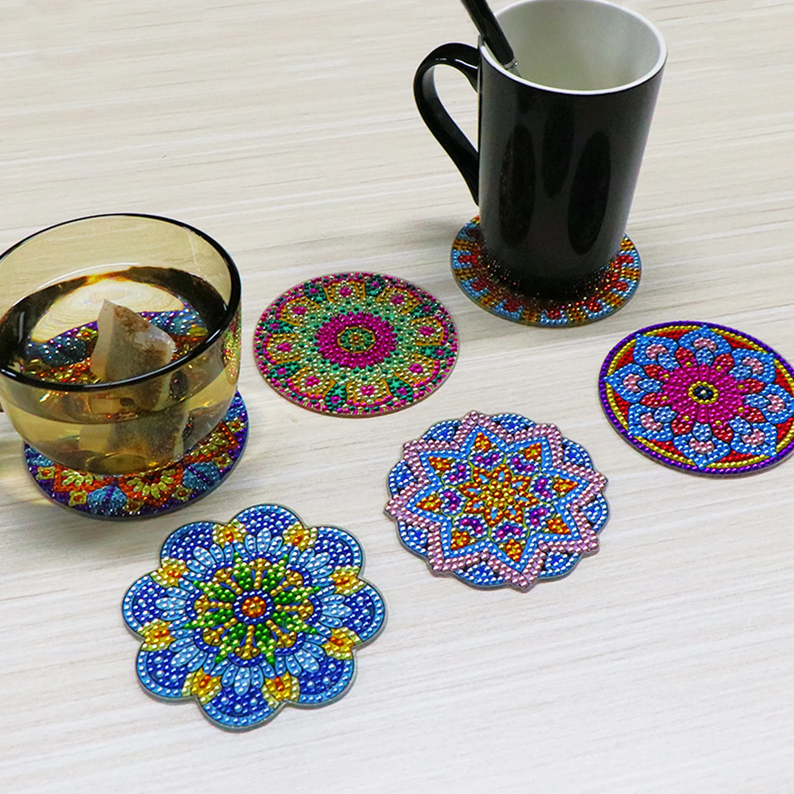 

10cm Round Handmade Diamond Cup Coasters 8pcs Rich Colour and Shape Kitchen Table Met Home Decor