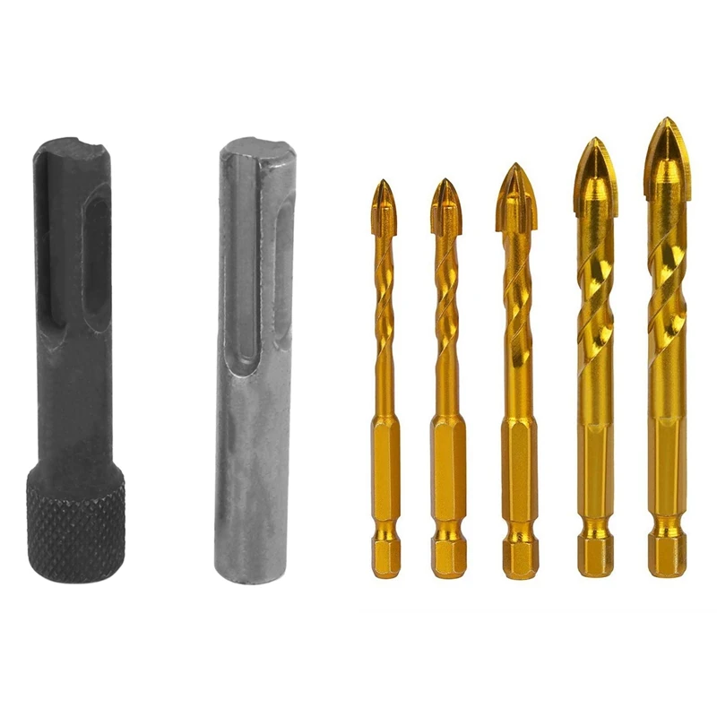 

2Pcs 1/4In Hex Shank Drill Bit Chuck SDS Adapter Nut Impact Driver Set With 5 Pcs Tile Drill Bit Tungsten Carbide Tip