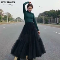 fashion goth maxi long gauze for women fairy grunge pleated tulle skirt black pink white gothic clothes 2022 korean clothes