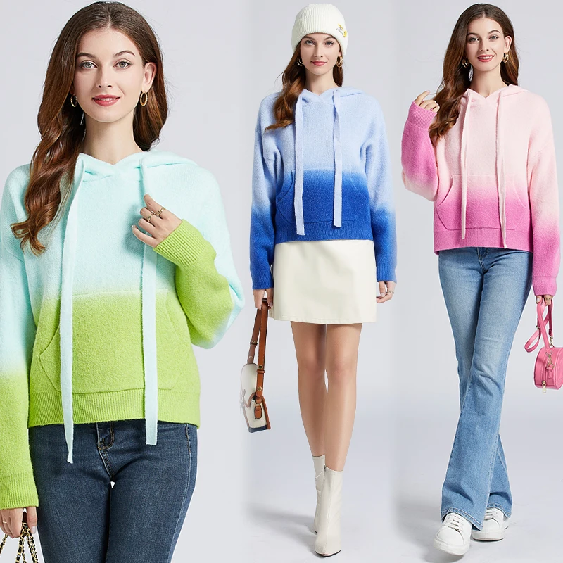 

Модный Цветной свитер с капюшоном, Женский вязаный пуловер с длинным рукавом