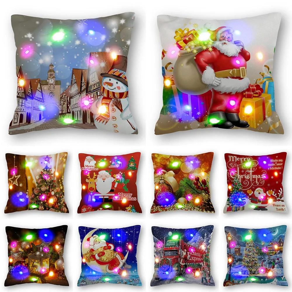 

Santa Claus Pillowcase LED Light Christmas Novel Ornament Polyester Home Decoration Throw Pillow Case