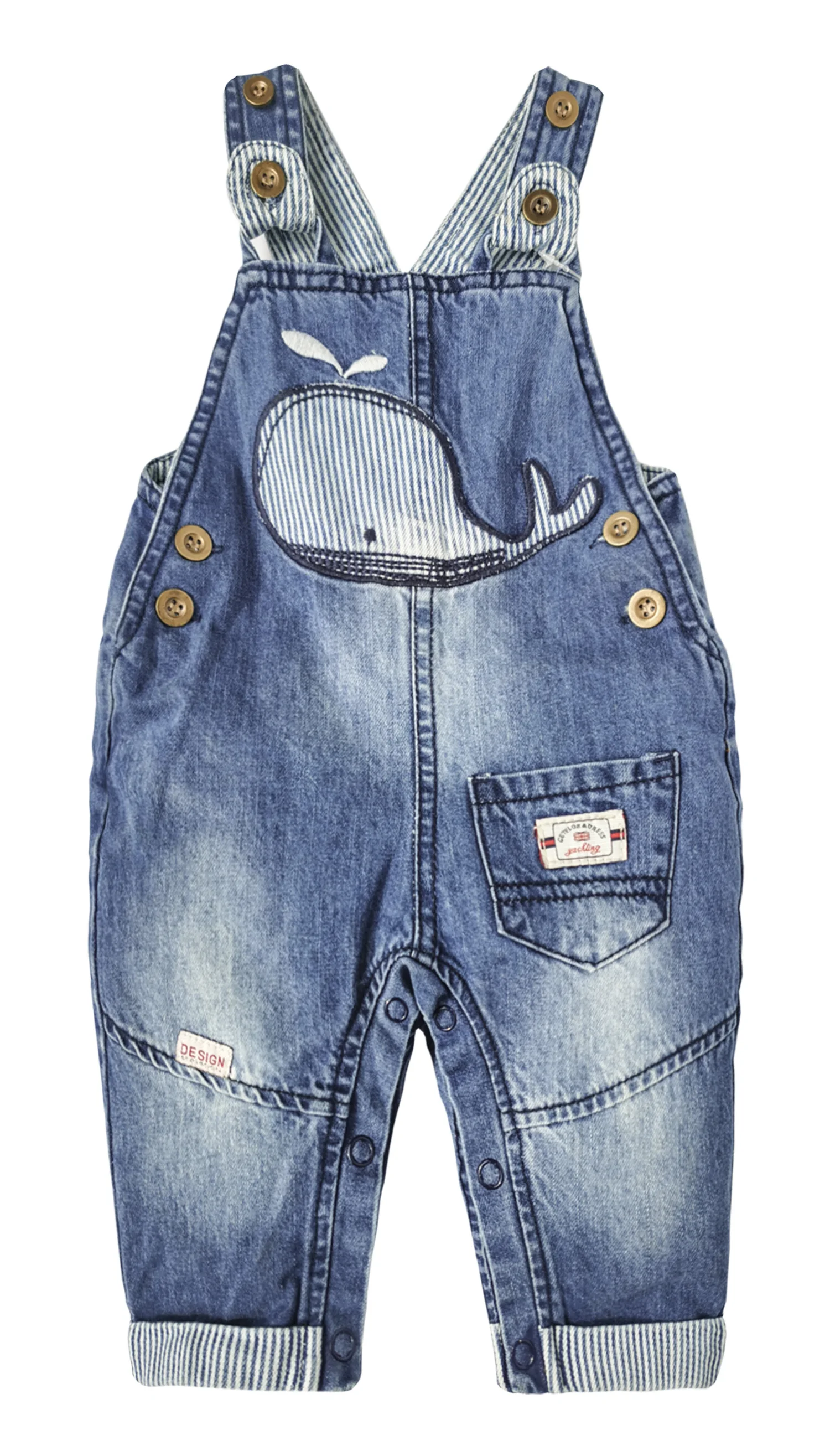 

KIDSCOOL SPACE Baby Girls Easy Diaper Changing Snap Legs Whale Embroidered Denim Overalls,Blue