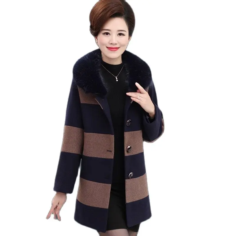 

Middle-Aged Elderly Women's Woolen Coat Fashion Autumn Winter Jacket Mid-Long Thicken Casual Plaid Woolen Blended Overcoat