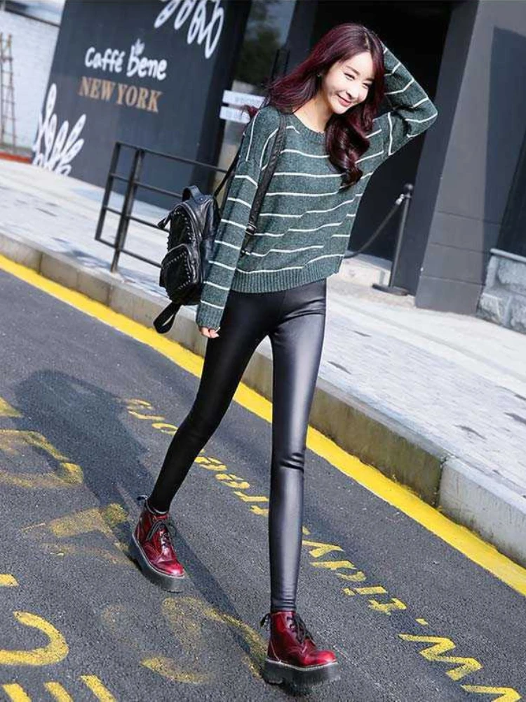 Imitation Leather Pants and Velvet Leggings, Wearing Skinny Stretch Pants, Large Size Skinny Leather Pants, Long Pants, Leggings