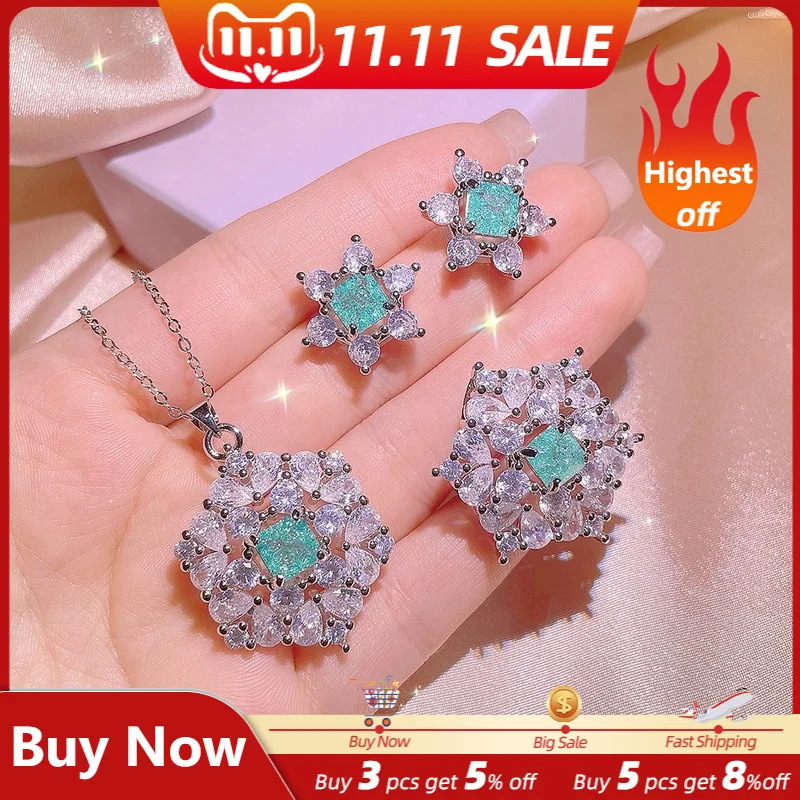 

Luxury AAA Zirconia Flowers Earrings Ring and Necklace Jewelry Sets for Women Fashion Bridal Wedding Party Set Engagement Gifts