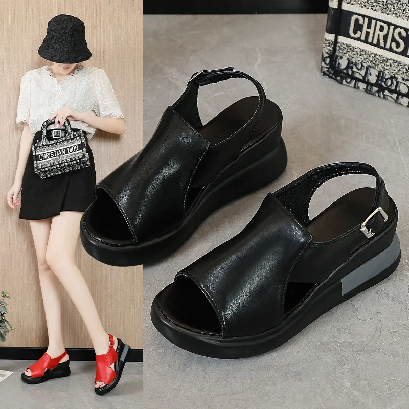6.5cm Thick Bottom Women Sandals Summer Party Chunky Heel Pumps Solid Color Open Toe Casual Shoes Ladies Buckle Platform Shoes