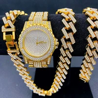 luxury mens watch women jewelry set iced out watch necklaces bracelet bling bling diamond miama cuban link chain gold watches