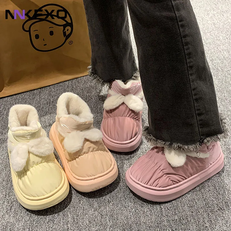 

Thick Sole Women Cotton Shoes 2023 Winter Lovely Bow Waterproof Warm Fluffy Outdoor Non Slip Ladies Footwear bc7295