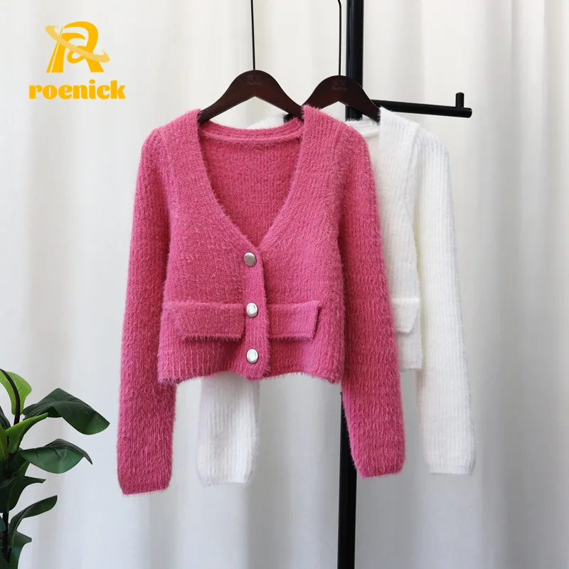 

Женский короткий кардиган ROENICK из искусственной норки на флисе, вязаные топы с открытым стежком, шикарные Джемперы, пальто, осень 2022