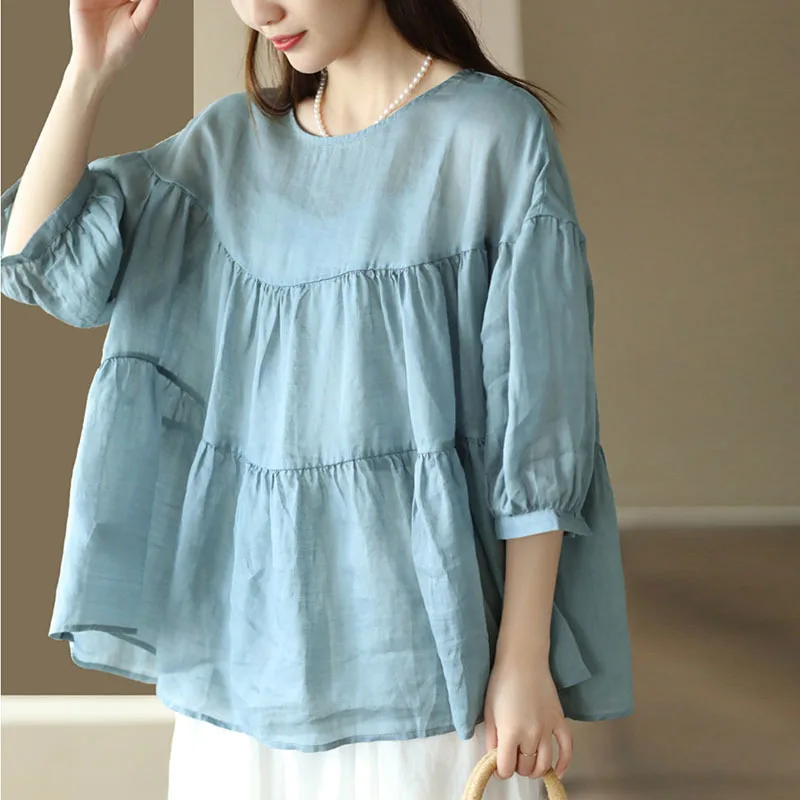 

NINI WONDERLAND 2023 Summer Thin Ramie Solid Color Blouse Top Women's Short Sleeve Loose High Waist Casual Shirt Patchwork Tops