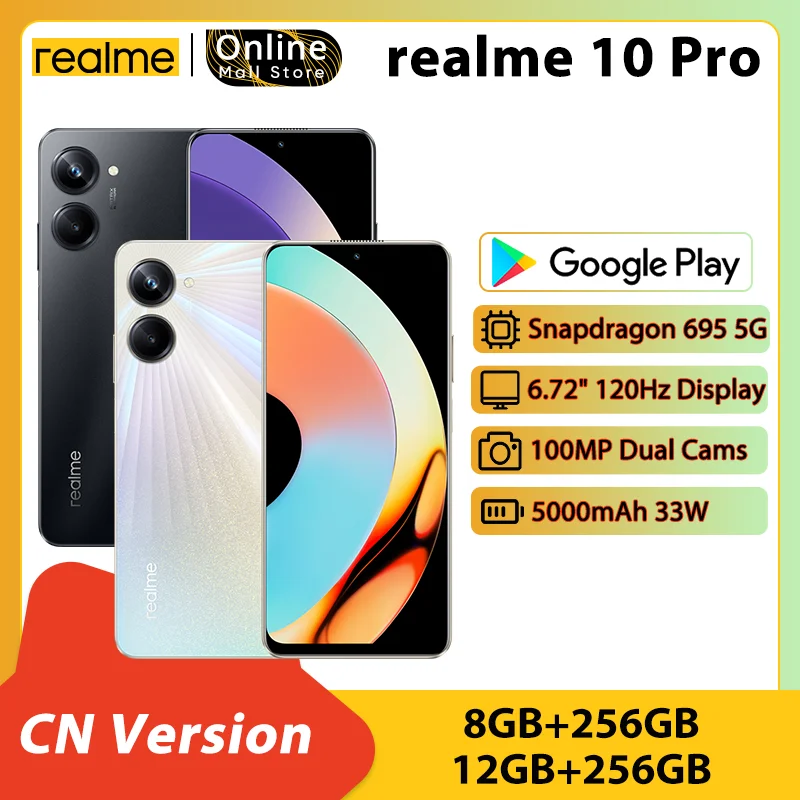 

NEW realme 10 Pro Snapdragon 695 5G Smartphone 6.72'' 120Hz Display 5000mAh Battery 33W 100MP Dual Cam Android 13