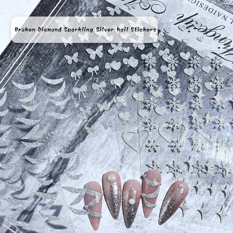 Наклейки для ногтей со сверкающими серебряными сердечками пятиугольными