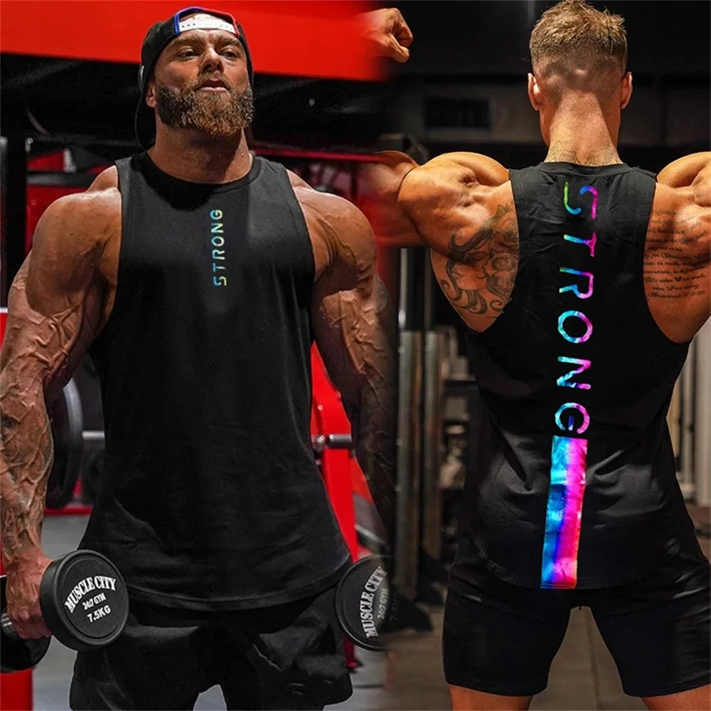 

2022 Summer New Men Fashion Trend Cool Undershirt Fitness Outdoor Sports Vest Muscle Gym Loose Cotton Black Sleeveless Shirt