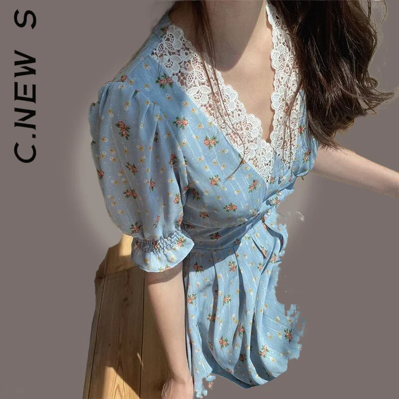 Новое цветочное кружевное шифоновое платье C.New S в Корейском стиле для вечеринки