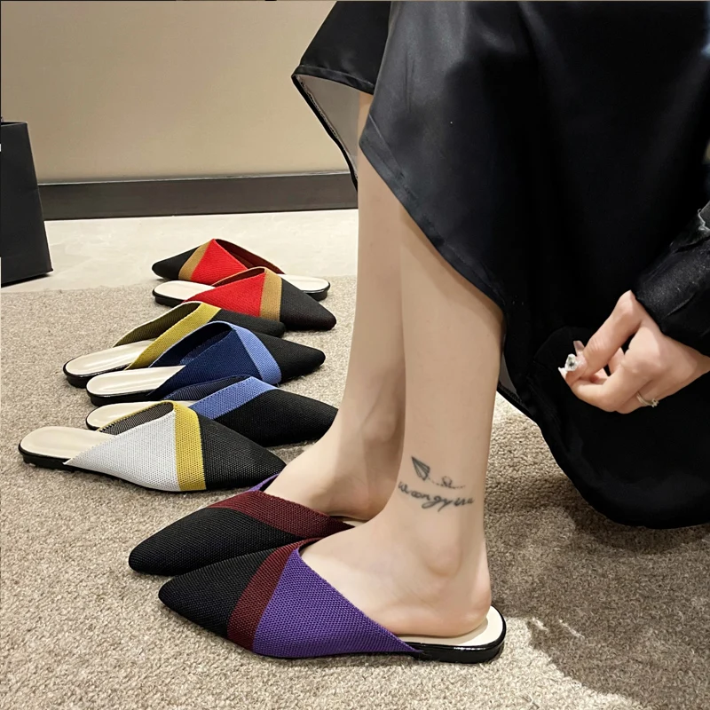 Color Contrast Design  Knitted Mule Shoes Woman Summer Breathable Mesh Slide Sandals Ladies  Pointed Toe Flat Slippers Plus Size
