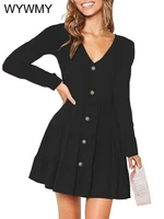 elegant single breasted pleated dress women v neck long sleeved a line mini dresses 2022 spring slim casual solid womens dress