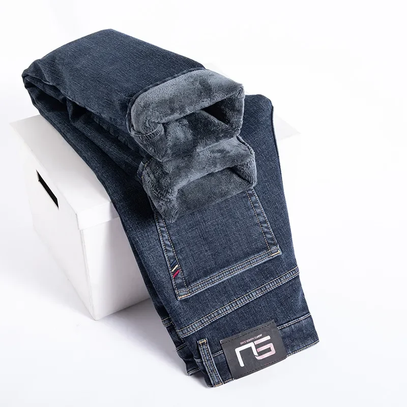 

2022 Winter High Quality Cotton Stretch Slim Straight Denim Jeans Fleece Thick Warm Men's Business Casual Jeans Gray BLUE BL