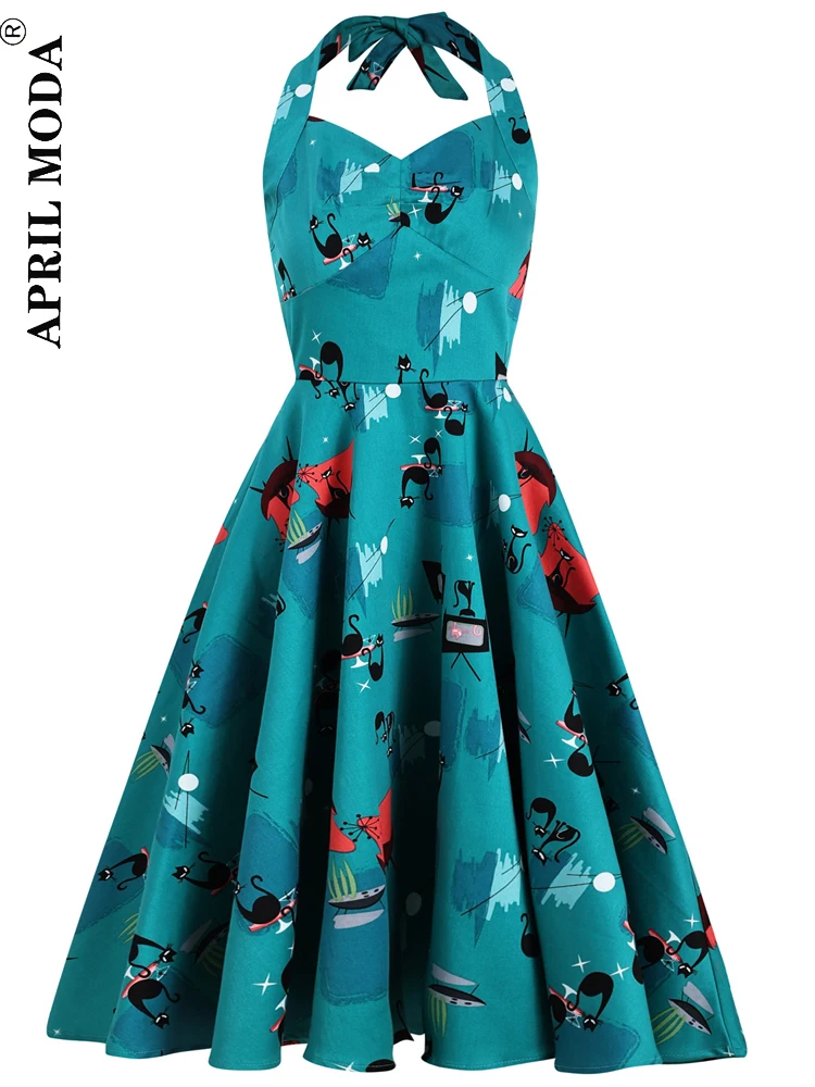 

Halloween Summer Vintage Retro Halter Party Dresses 1950s 60s Floral Printed Rockabilly Skater Hepburn Pin Up Swing Flare Dress