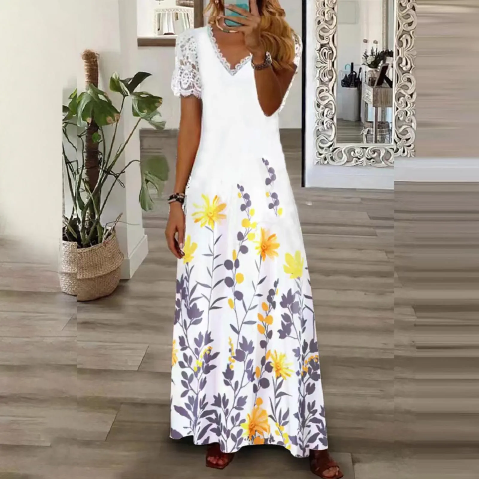 

Boho Maxi Dress Women Floral Print High Waist Pleats Beach Dresses Fashion Lace Short Sleeve V Neck Floral Long Dress Vestidos