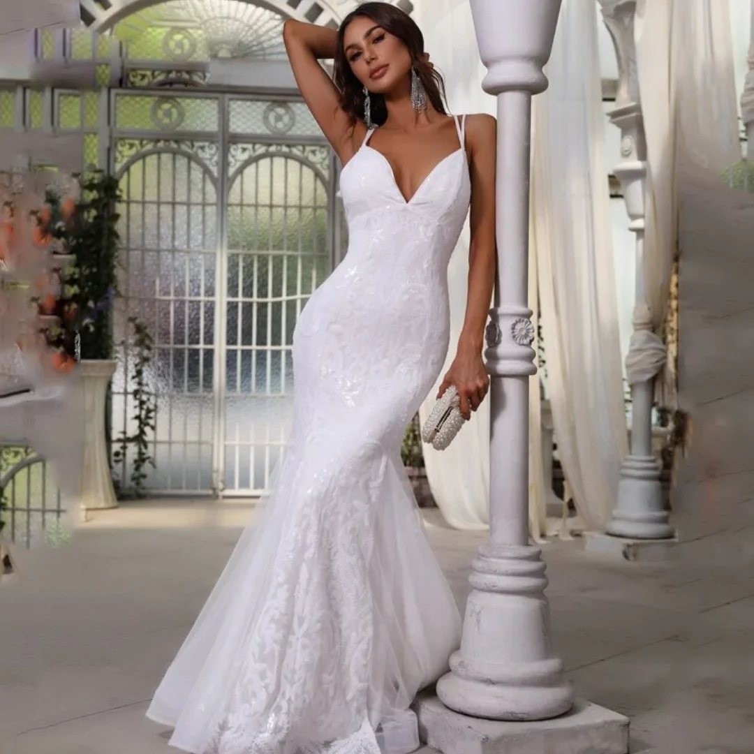 Женское кружевное платье-Русалка на тонких бретельках с открытой спиной для