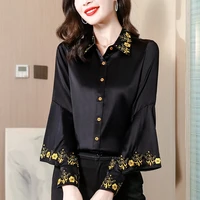 2963 black green stain shirts women embroidery flower casual office rayon shirts long sleeves slim vintage woman shirts spring