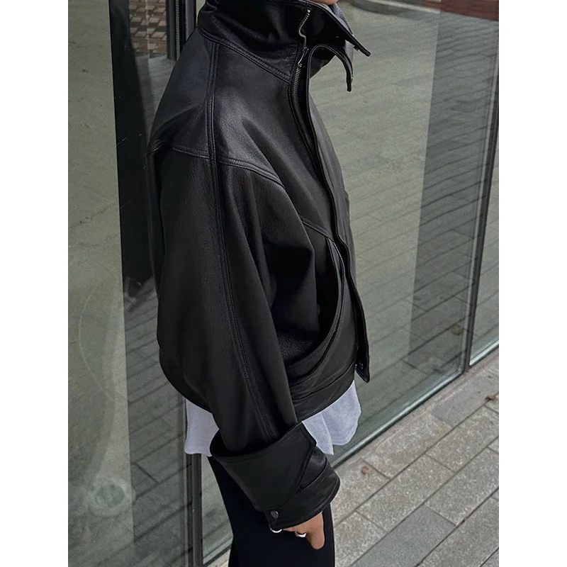 Кожаная куртка женская весна осень личи из овчины с большими лацканами винтажные