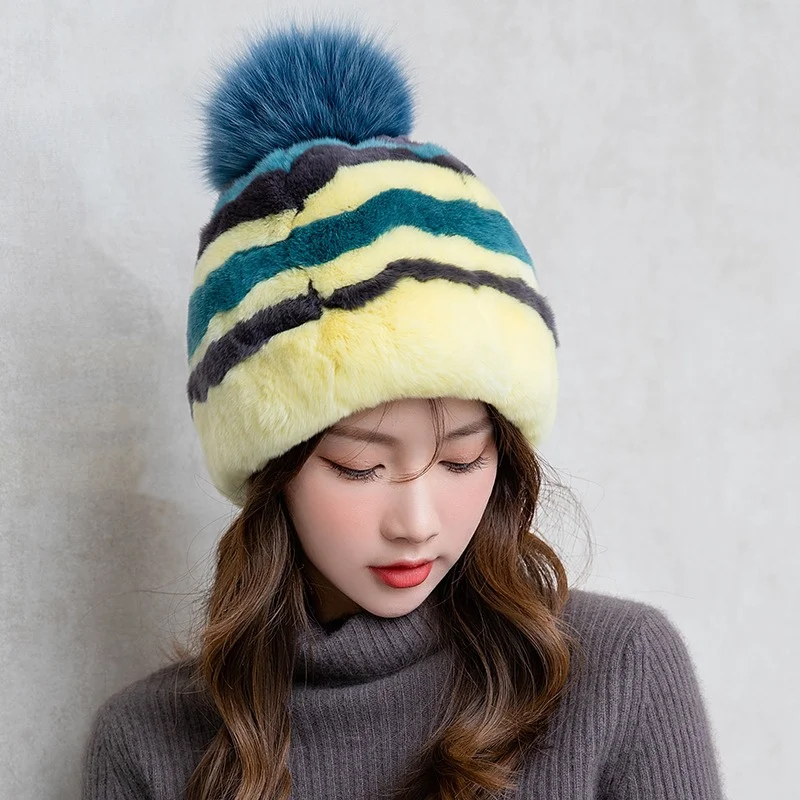 Ladies Sweet Cute Warm Fur Hat Winter Rex Rabbit Fur Striped Design Fur Hat Fox Fur Ball Decorated High Quality Outdoor Hat