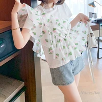 patchwork t shirt for women new contrast color ruffled waist tight slimming round neck tshirt female 2022 summer top white tee