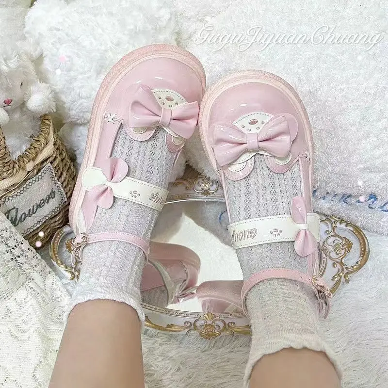 Kawaii Lolita Shoes Japanese Style Bow Tie Patchwork Autumn Cute Woman Flats 2022 Fashion All-match Sweet Ladies Footwear