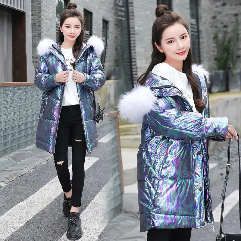 

Glossy Winter Jacket Women Warm Long Parka Fur Collar Coat Cotton Hooded Puffer Jacket Female Elegant Outerwear Clothes