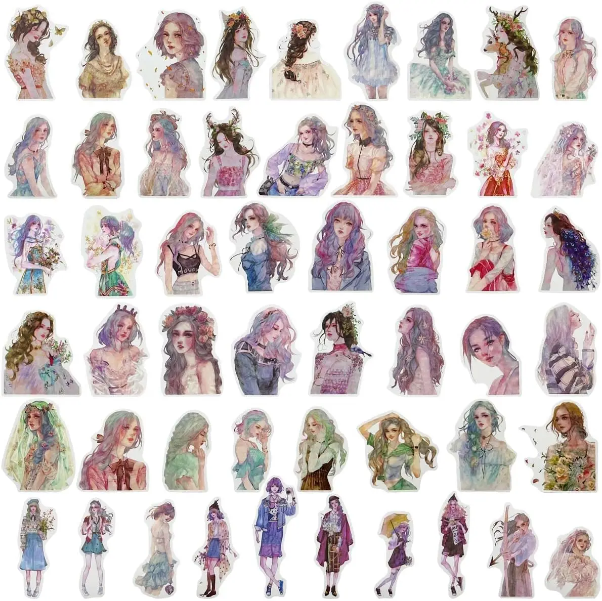 

10/30/50pcs Watercolor Cute Girls Stickers, Planner Decals for Journal, Scrapbook, Laptop and Water Bottle, DIY Craft Supplies