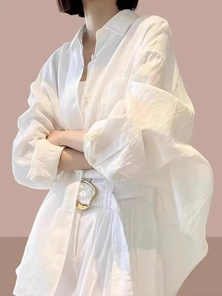 Женская свободная рубашка с длинным рукавом белая льняная защитой от солнца во