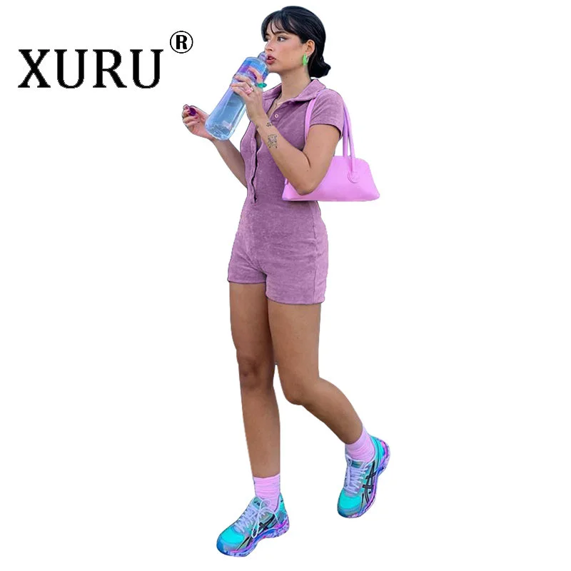 XURU-summer New Women's Dress Women's One-piece Shorts, Sexy Lapel Button Solid Color One-piece Pants 59A201087