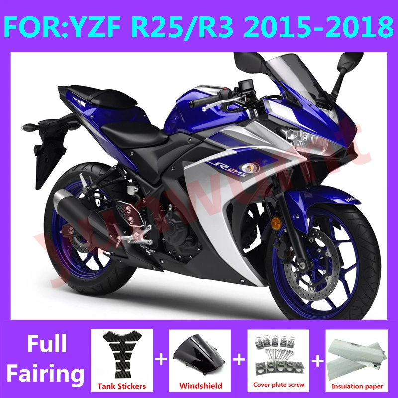 

Новый комплект обтекателей для мотоцикла ABS, подходит для YZF R25 R3 R 25 3 2015 2016 2017 2018, комплекты обтекателей кузова, синий, серебристый