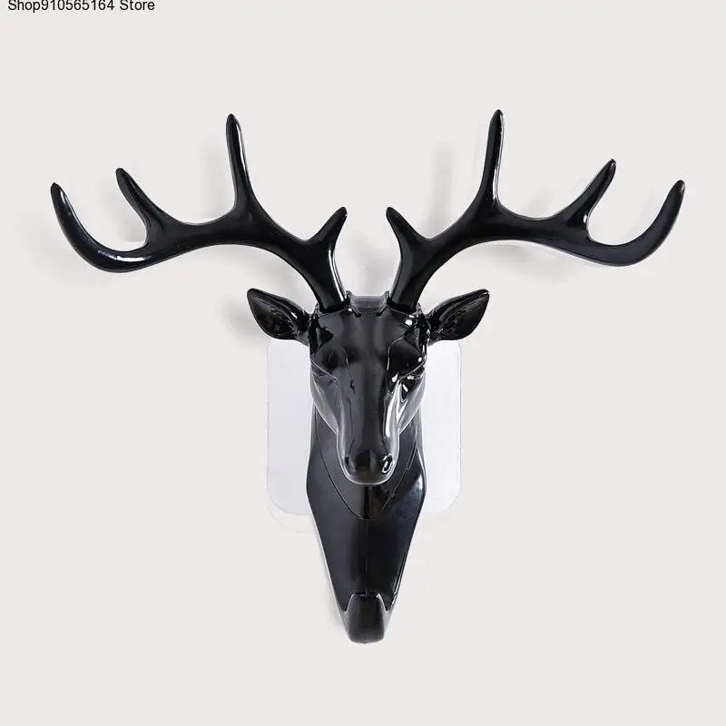 

Black Deer Head Self Adhesive Key Hook Coat Hat Cap Hanger Racks Room Decorations Wall Bag Keys Sticky Holder