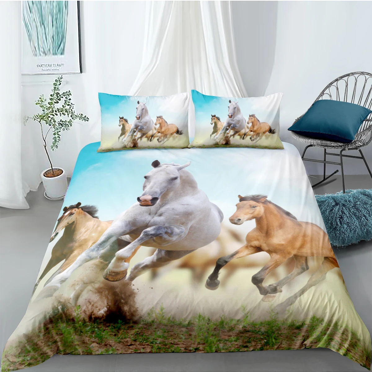 

Horse Duvet Cover Set Twin King Size Galloping Steed Bedding Set Microfiber 3D Farm Animals Rustic Country Style Comforter Cover