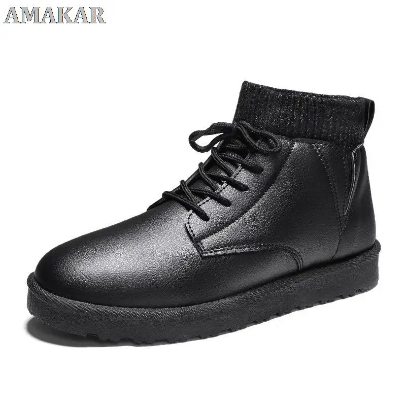 

Padded Vulcanized Leather Man Snow Boots Ankle Warm Felt Shoes Round Toe Flat Shoes