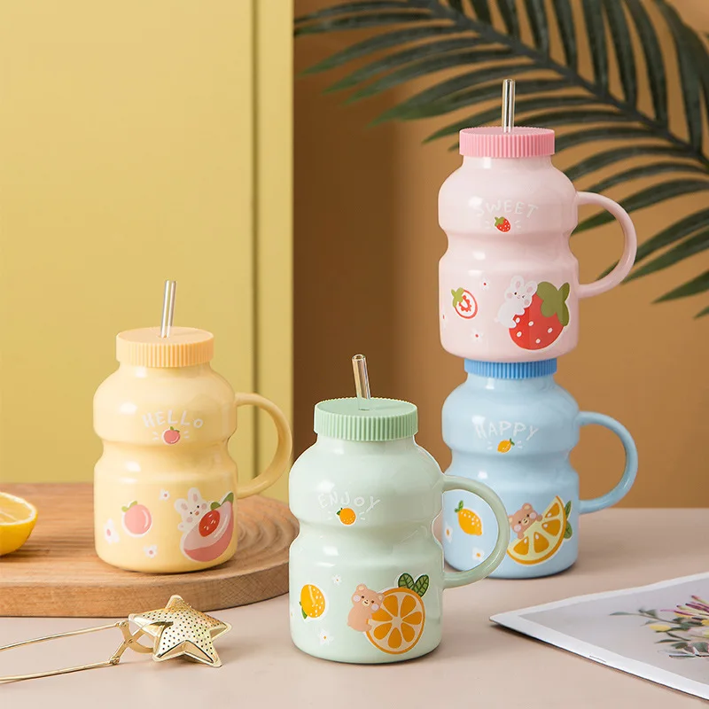 Креативная Милая керамическая кружка с крышкой и соломинкой Мультяшные кружки