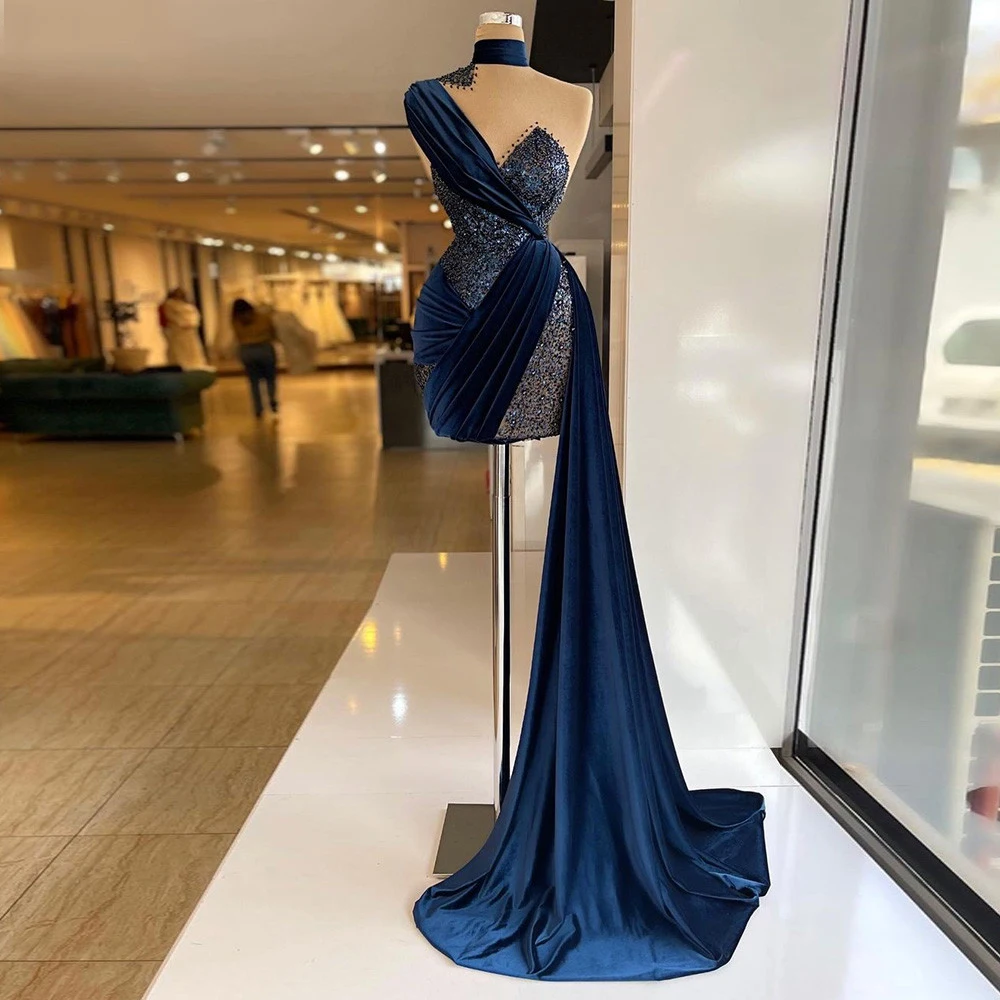 

Elegant Navy Blue Prom Dresses Shiny Beads High Neck Short Evening Gowns with Long Train Sexy Celebrity Wedding Party Robes