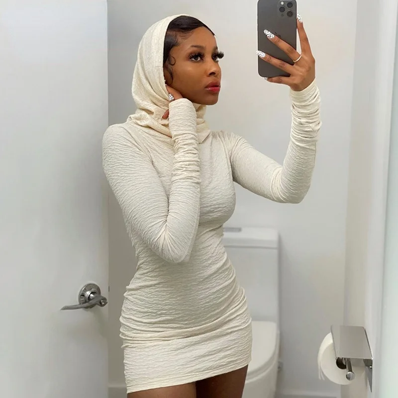 

Hooded Tight-fitting Dress Women Pure Color Casual Tight-fitting Long-sleeved Autumn Elegant Dress Basic Retro 2022 Mini Costume