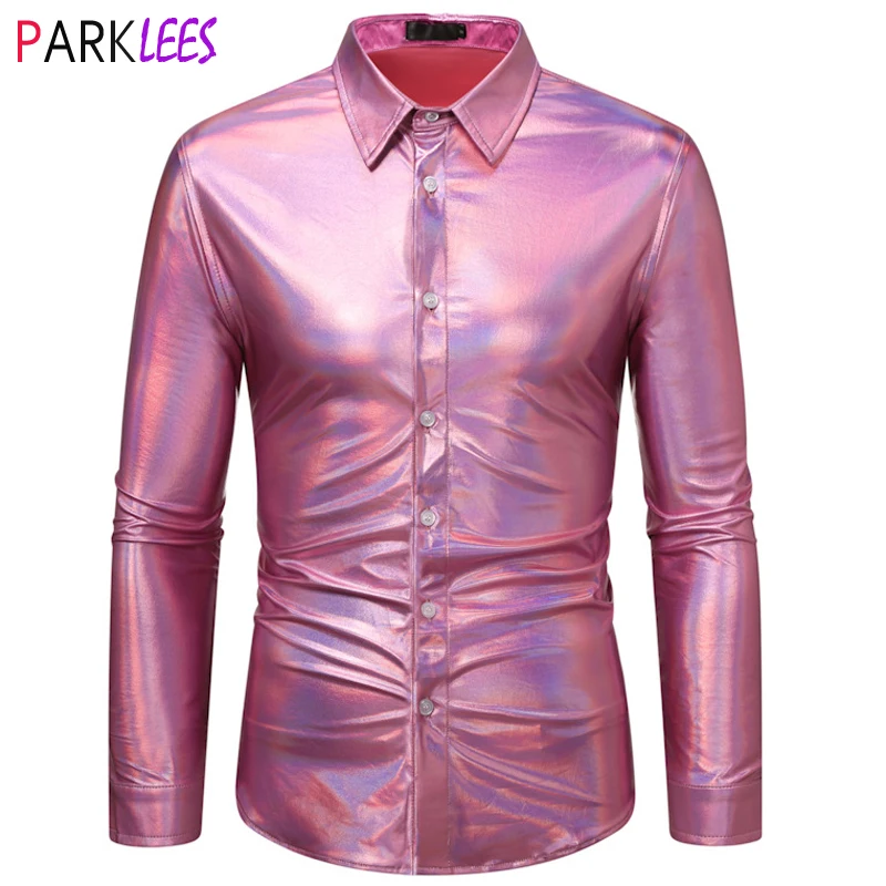 

Pink Metallic Glitter Shirt Men 2023 New 70s Disco Dance Halloween Party Costume Chemise Homme Stage Prom Shiny Shirt Male 2XL