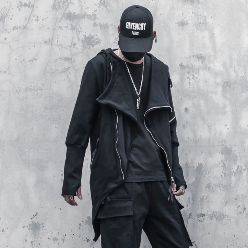 

Бесплатная доставка, новинка, весенний Повседневный Асимметричный плащ средней длины в готическом стиле, мужской Тренч в стиле High street с капюшоном и скошенной юбкой