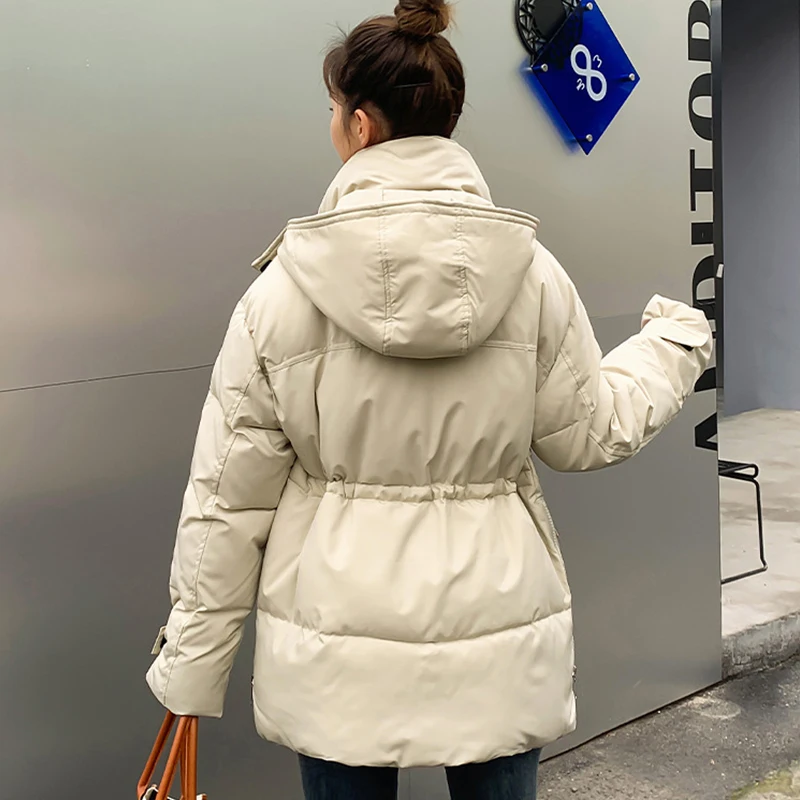 Thick Padded Jacket Bread Coat Warm Cotton Quilted Jacket Lady Short Korean Style Drawstring Loose with Hooded Parkas