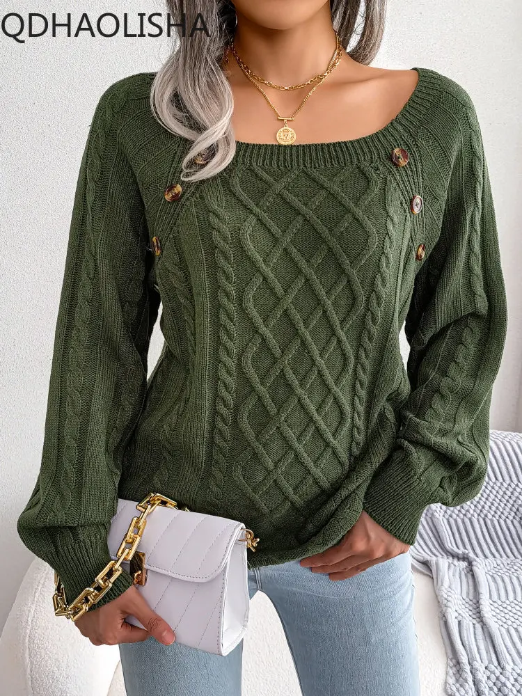 

2023 Autumn Winter New Fashion Casual Square Neck Nail Button Fried Dough Twist Knitting Pullover Sweater Commuting Women's Wear