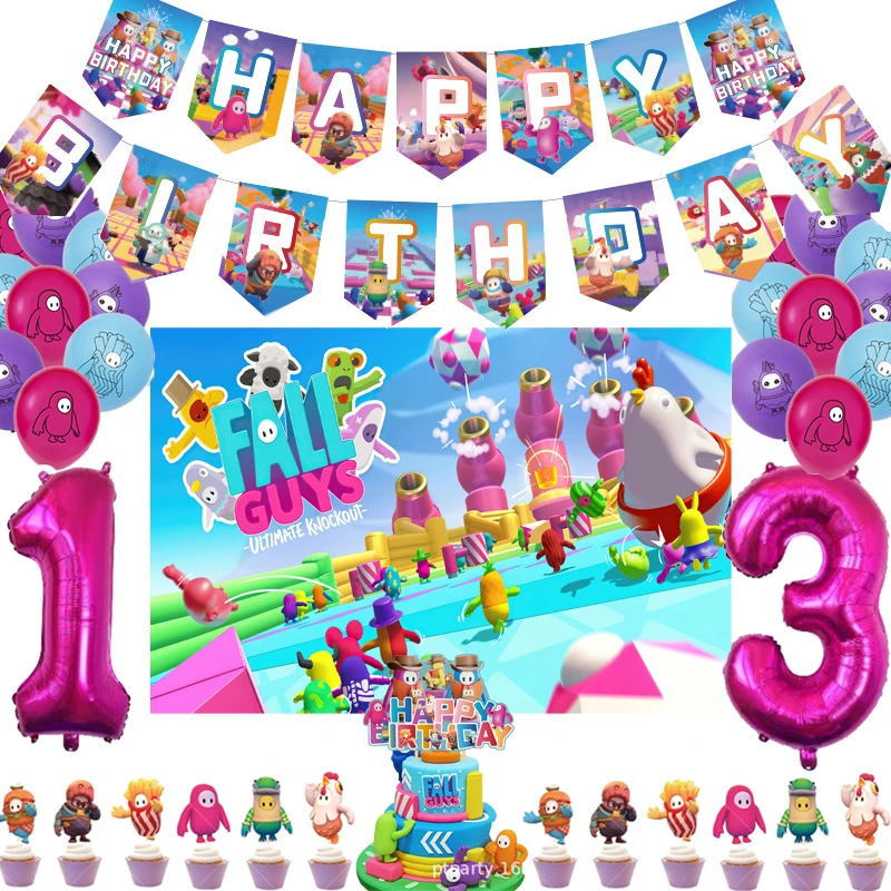 

Falled Guys Birthday Party Decoration Latex Balioon Banner Cake Topper Bady Shower