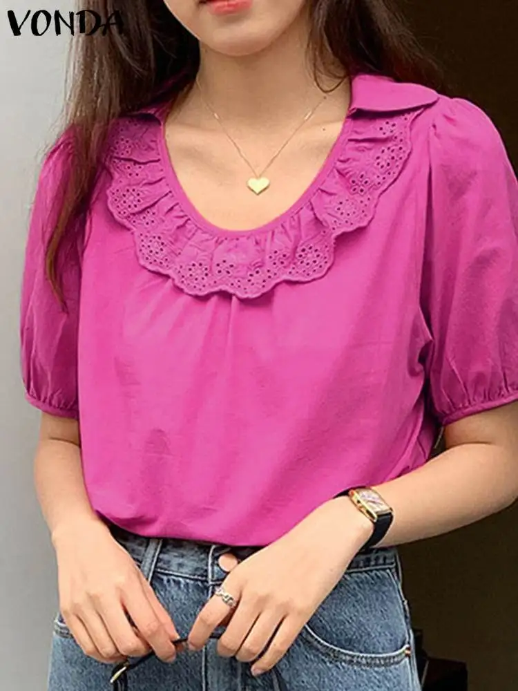 

2022 стильная блузка VONDA с круглым вырезом, женские летние топы, Однотонная рубашка с коротким пышным рукавом, повседневные уличные рубашки с ...