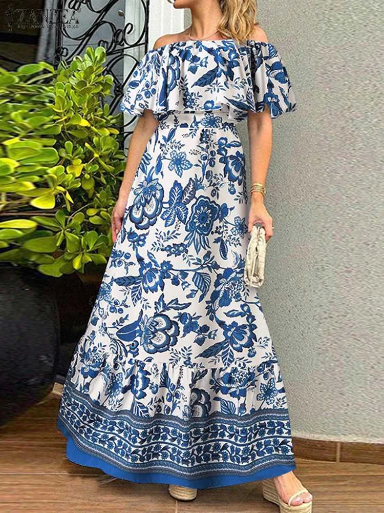 

Casual Party Floor Dresses Women 2022 Summer Holiday Ruffle Vestidos Bohemian Print Robe Femme ZANZEA Fashion Off Shoulder Dress