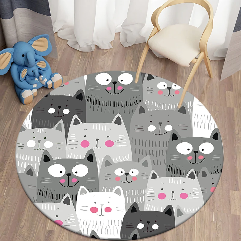 Decorative Carpet Cartoon Cat Printed Area Rugs Round Carpet for Living Room Floor Mat Flannel Anti-Slip Mat for Children