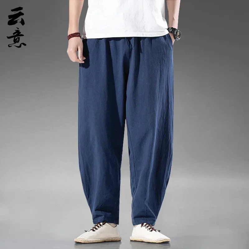 Летние повседневные брюки из хлопка и льна в китайском стиле мужские свободные